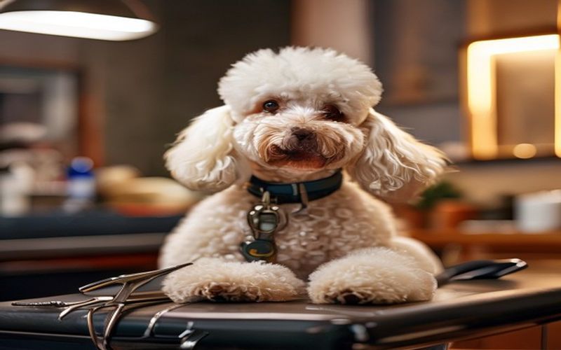 Pudel auf dem Grooming-Tisch beim Hundefriseur