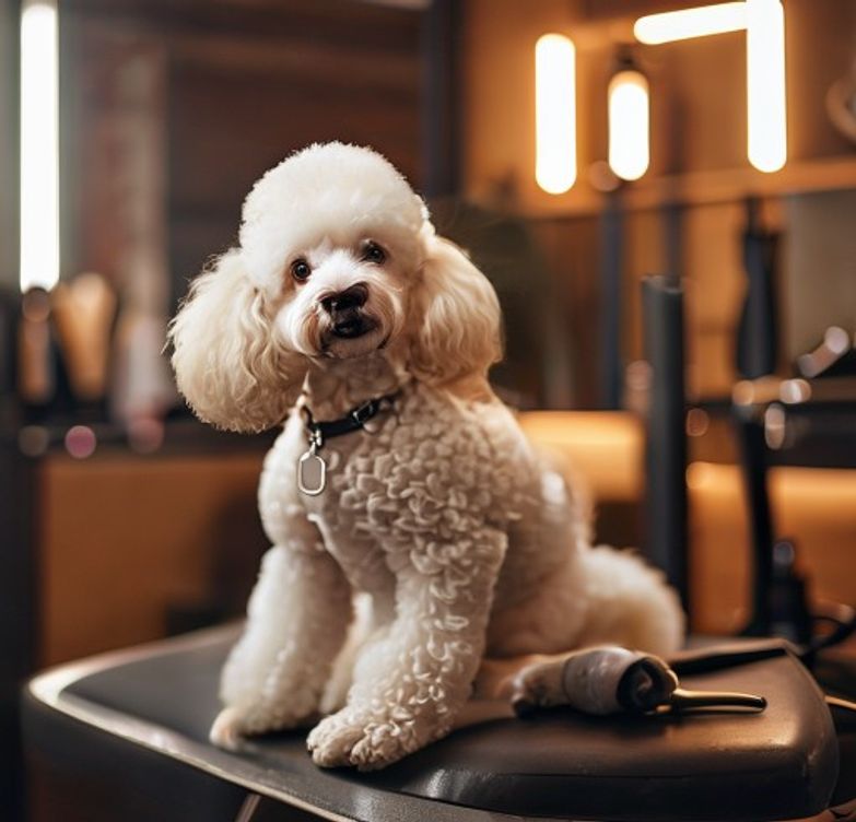 Pudel auf dem Grooming-Tisch beim Hundefriseur