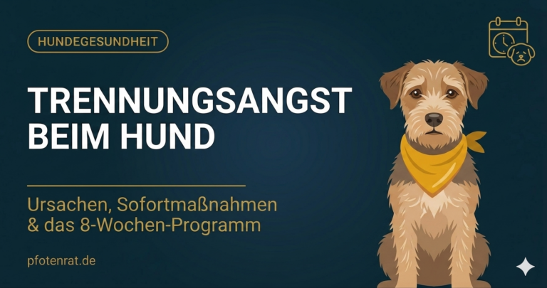 Trennungsangst beim Hund - Beigefarbener Terrier mit gelbem Halstuch und Symbolen für Tagesplanung und Sofortmaßnahmen