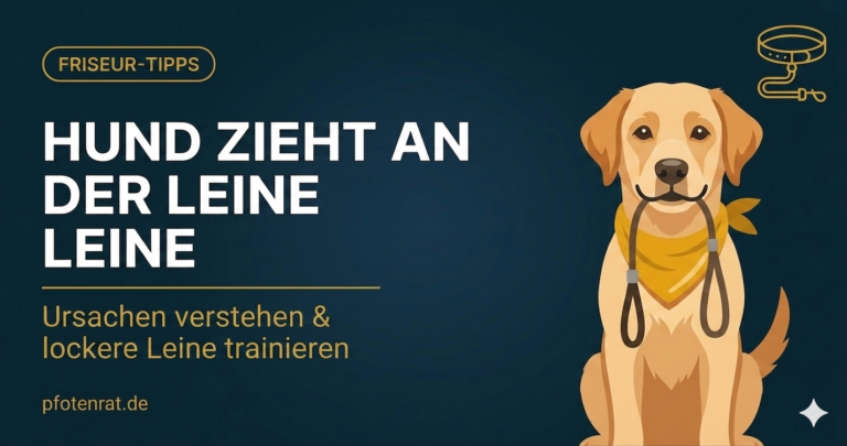 Hund zieht an der Leine - Beigefarbener Hund mit Halsband und Hundeleine als Symbol für entspanntes Gassi-Gehen