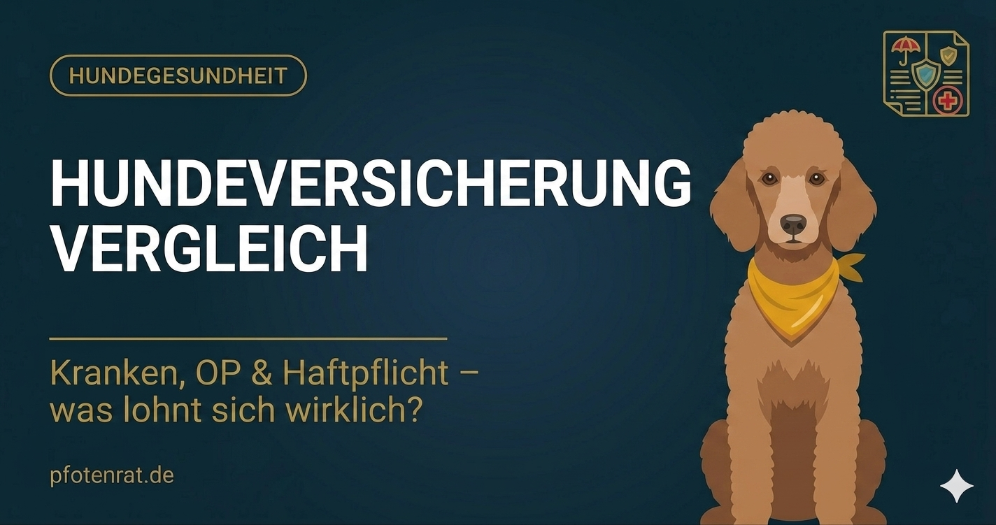 Hundeversicherung Vergleich - Hellbrauner Pudel mit gelbem Halstuch und Symbolen für Krankenakte, Schutzschild und Versicherungspolice