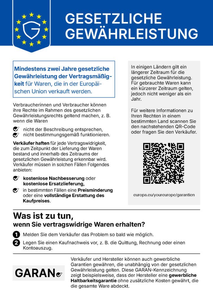 Gesetzliche Gewährleistung: amtlicher EU-Hinweis (mindestens zwei Jahre gesetzliche Gewährleistung der Vertragsmäßigkeit für Waren)