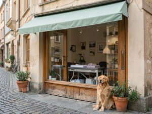 Eingang eines kleinen Hundesalons mit Golden Retriever (KI-generiertes Beispielbild)