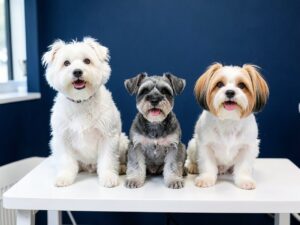 Drei frisch gepflegte Hunde auf einer Bank (KI-generiertes Beispielbild)