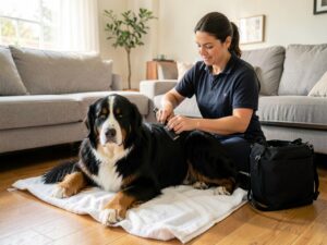 Berner Sennenhund wird beim Hausbesuch gebürstet (KI-generiertes Beispielbild)