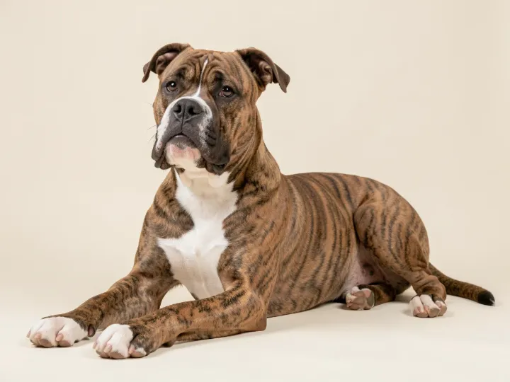 American Bulldog liegend, KI-generiertes Bild
