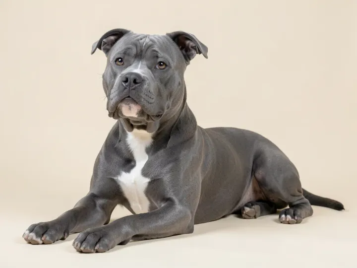 American Staffordshire Terrier liegend, KI-generiertes Bild
