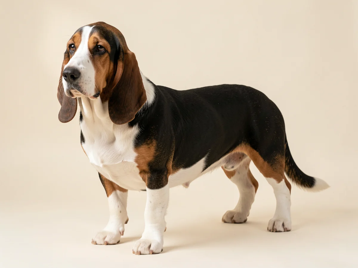 Basset Hound stehend, KI-generiertes Bild