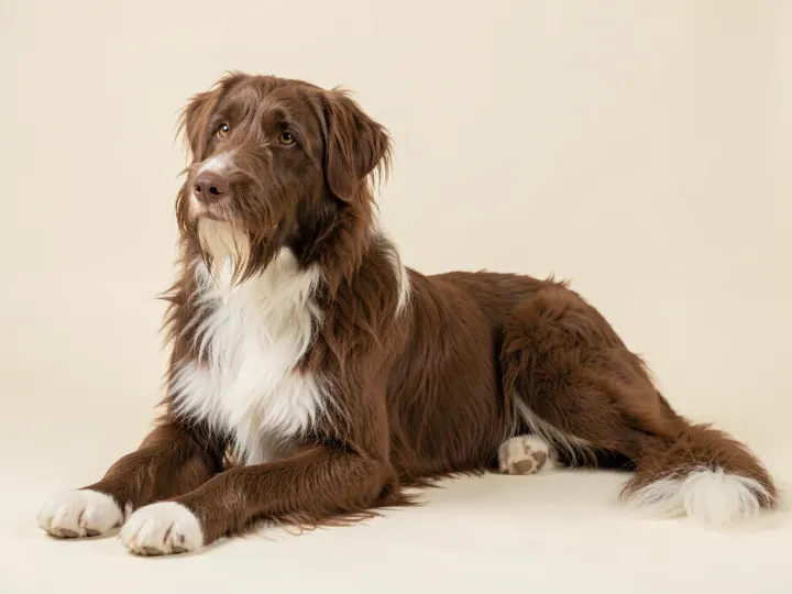 Bearded Collie liegend, KI-generiertes Bild