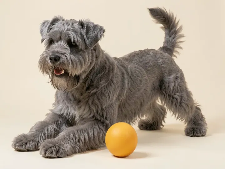 Bouvier des Flandres spielend, KI-generiertes Bild