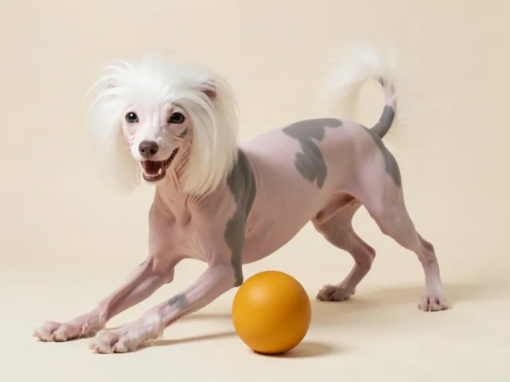 Chinesischer Schopfhund spielend, KI-generiertes Bild
