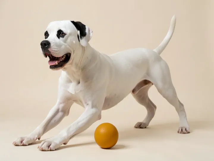 Dogo Argentino spielend, KI-generiertes Bild