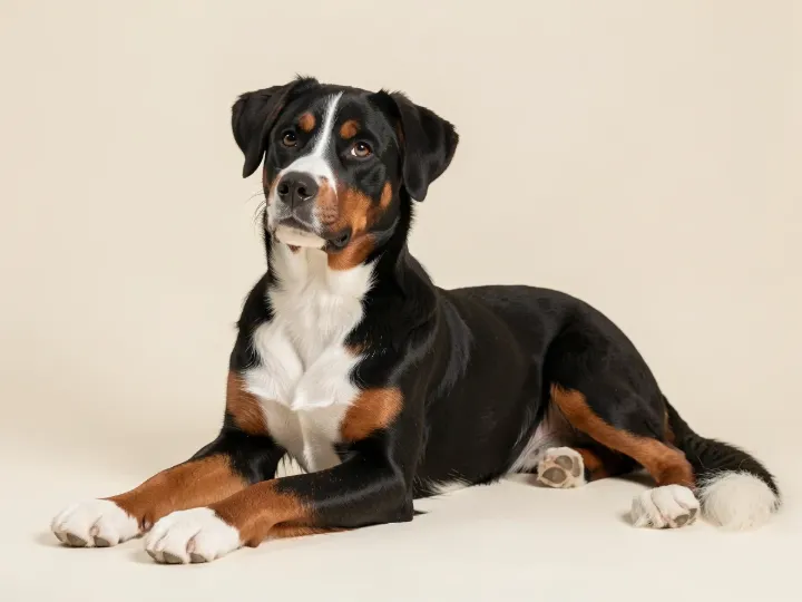 Entlebucher Sennenhund liegend, KI-generiertes Bild