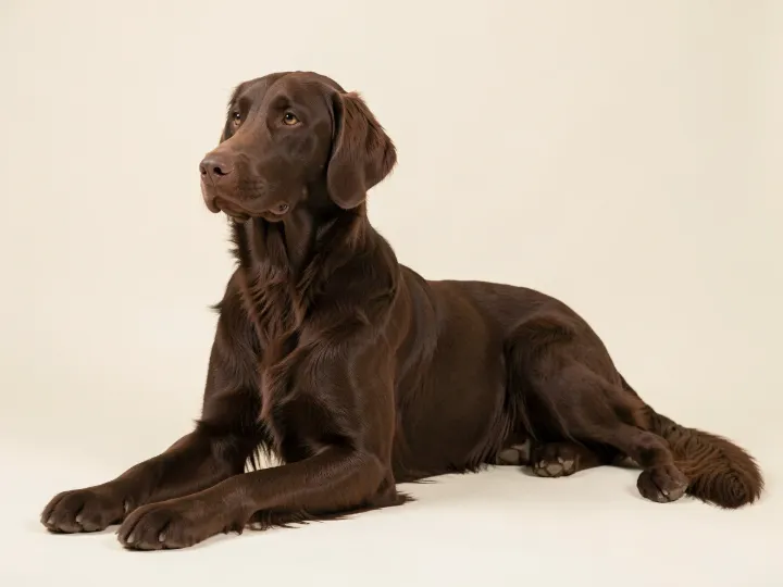 Flat Coated Retriever liegend, KI-generiertes Bild