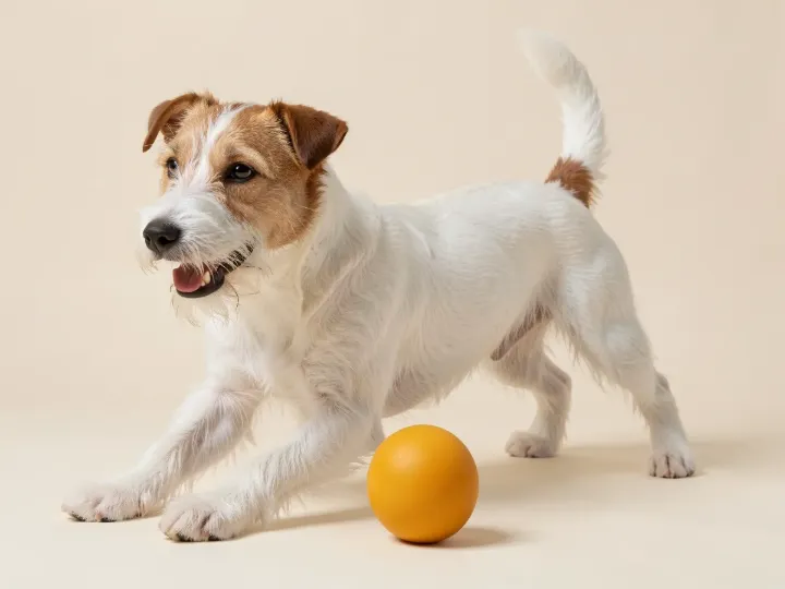 Foxterrier (Drahthaar) spielend, KI-generiertes Bild