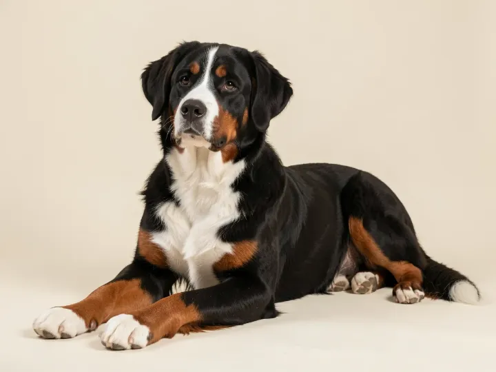 Großer Schweizer Sennenhund liegend, KI-generiertes Bild