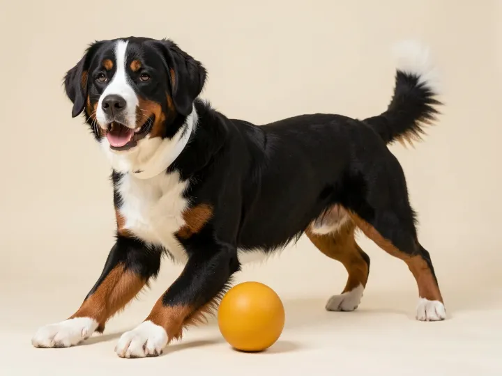 Großer Schweizer Sennenhund spielend, KI-generiertes Bild