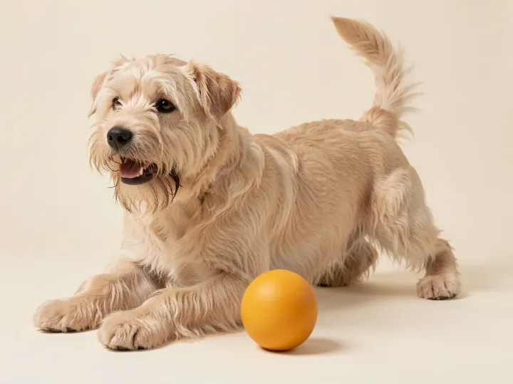 Irish Soft Coated Wheaten Terrier spielend, KI-generiertes Bild