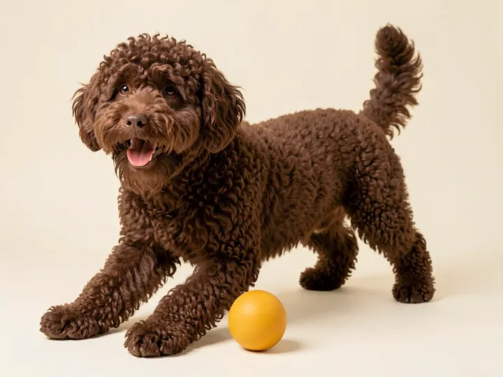 Lagotto Romagnolo spielend, KI-generiertes Bild