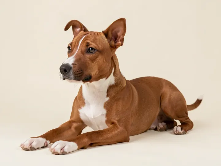 Miniature Bull Terrier liegend, KI-generiertes Bild