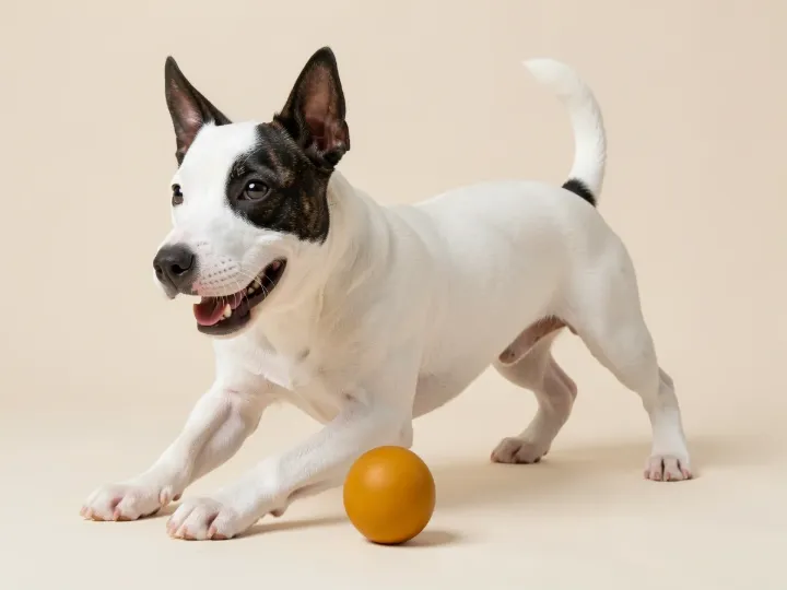 Miniature Bull Terrier spielend, KI-generiertes Bild