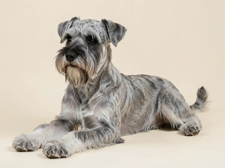 Mittelschnauzer liegend, KI-generiertes Bild