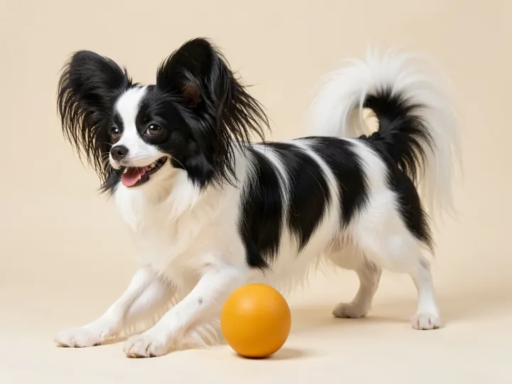 Papillon spielend, KI-generiertes Bild