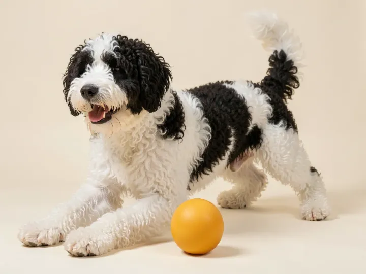 Perro de Agua Español spielend, KI-generiertes Bild