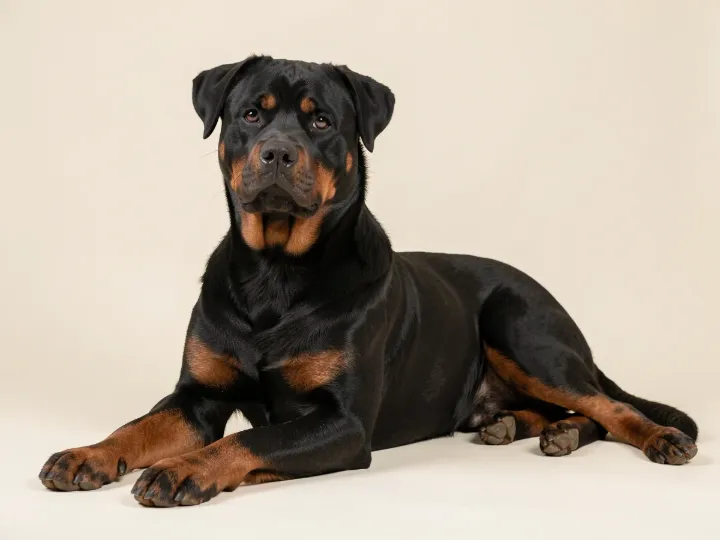 Rottweiler liegend, KI-generiertes Bild