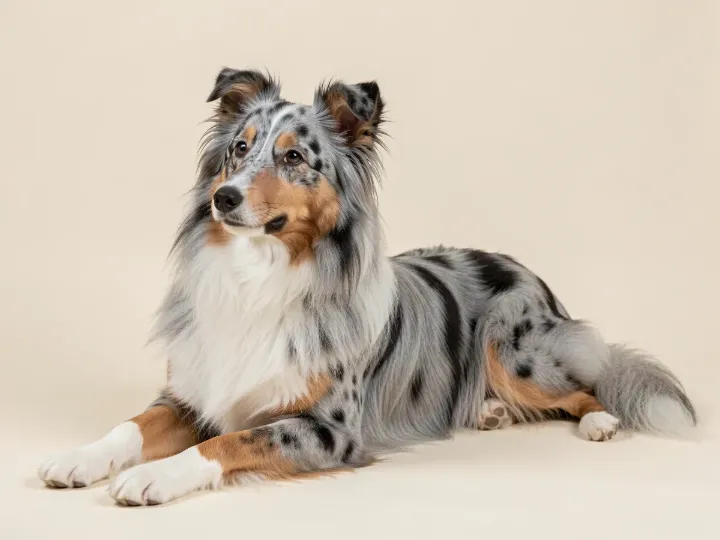 Shetland Sheepdog liegend, KI-generiertes Bild