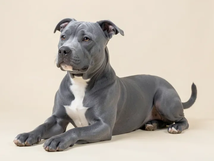 Staffordshire Bull Terrier liegend, KI-generiertes Bild