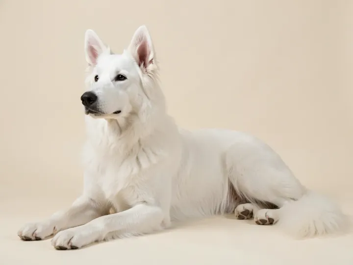Weißer Schweizer Schäferhund liegend, KI-generiertes Bild