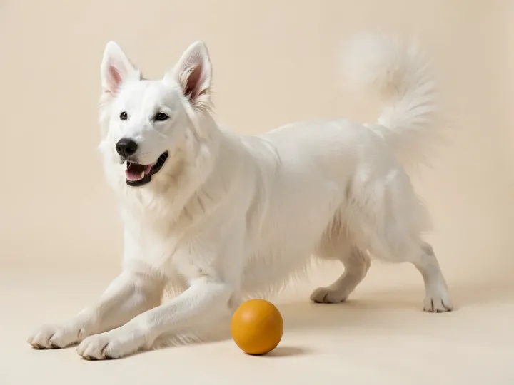 Weißer Schweizer Schäferhund spielend, KI-generiertes Bild