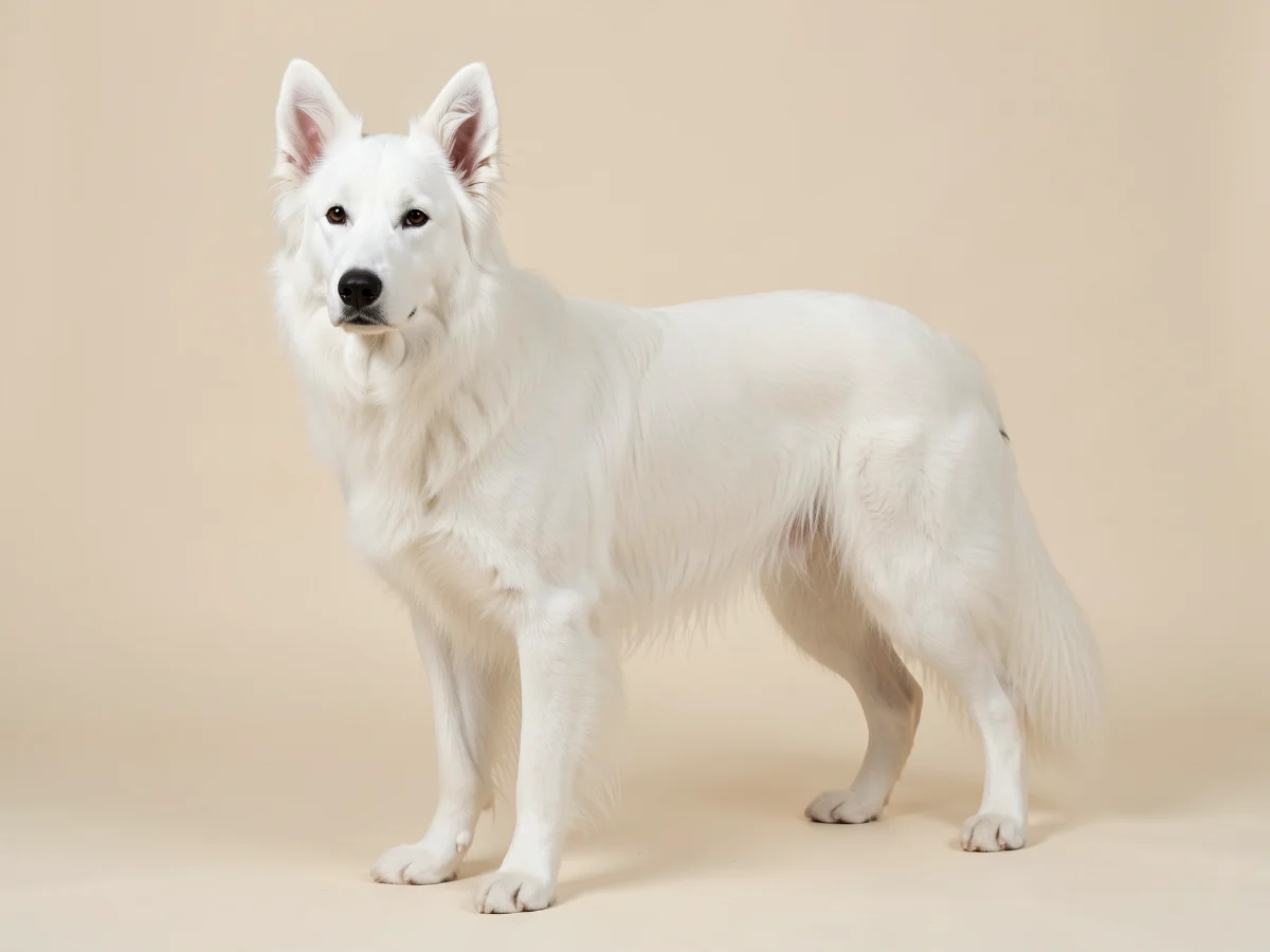 Weißer Schweizer Schäferhund stehend, KI-generiertes Bild
