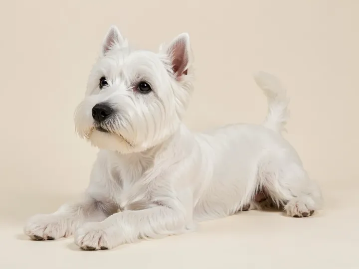 West Highland White Terrier liegend, KI-generiertes Bild